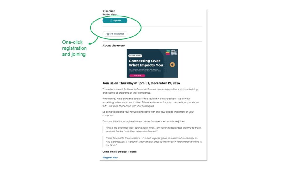 Gain Grow Retain Community on Higher Logic Vanilla community platform: One-click event registration feature
