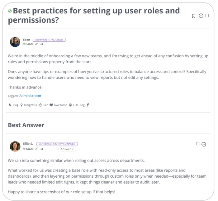 Higher Logic Vanilla question and answer thread showing a best answer designation