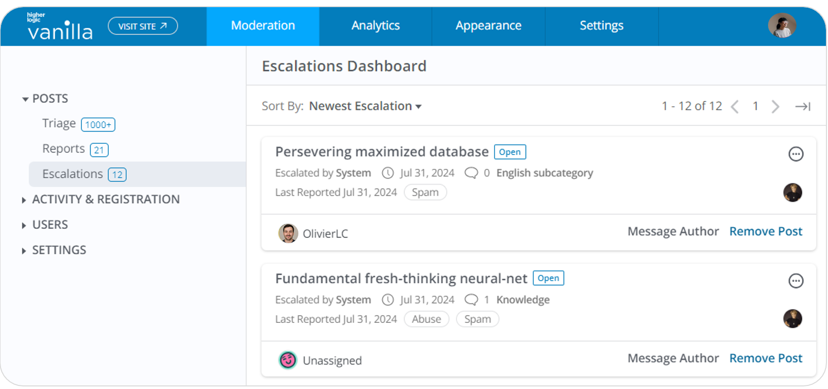 Higher Logic Vanilla community management dashboard with view for triage, reports, and escalations.