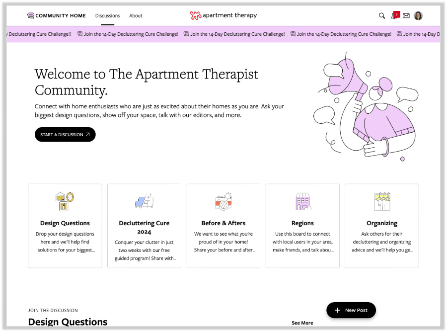 Screenshot of the customer community homepage for Apartment Therapy