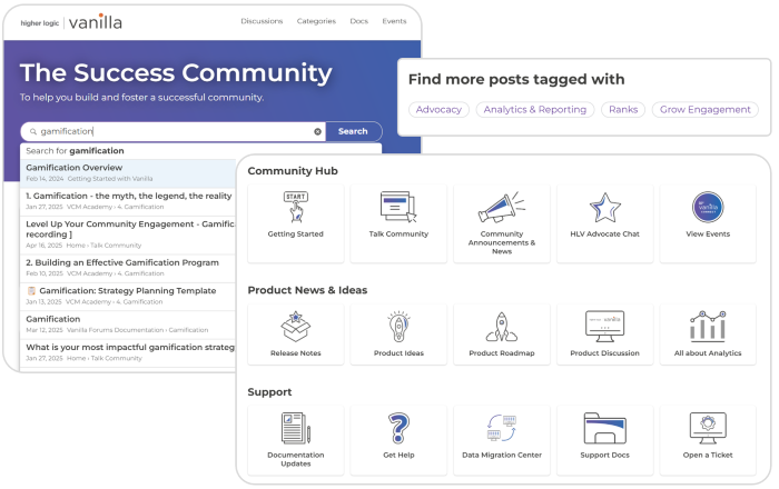 Higher Logic Vanilla navigation features including search, categories, and tags