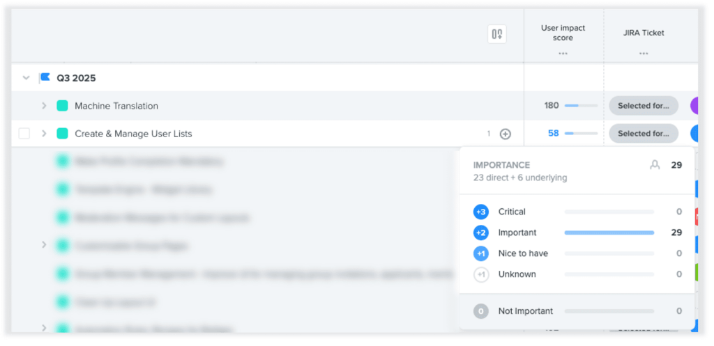 Higher Logic Vanilla and Productboard integration showing user impact score of feature request in productboard