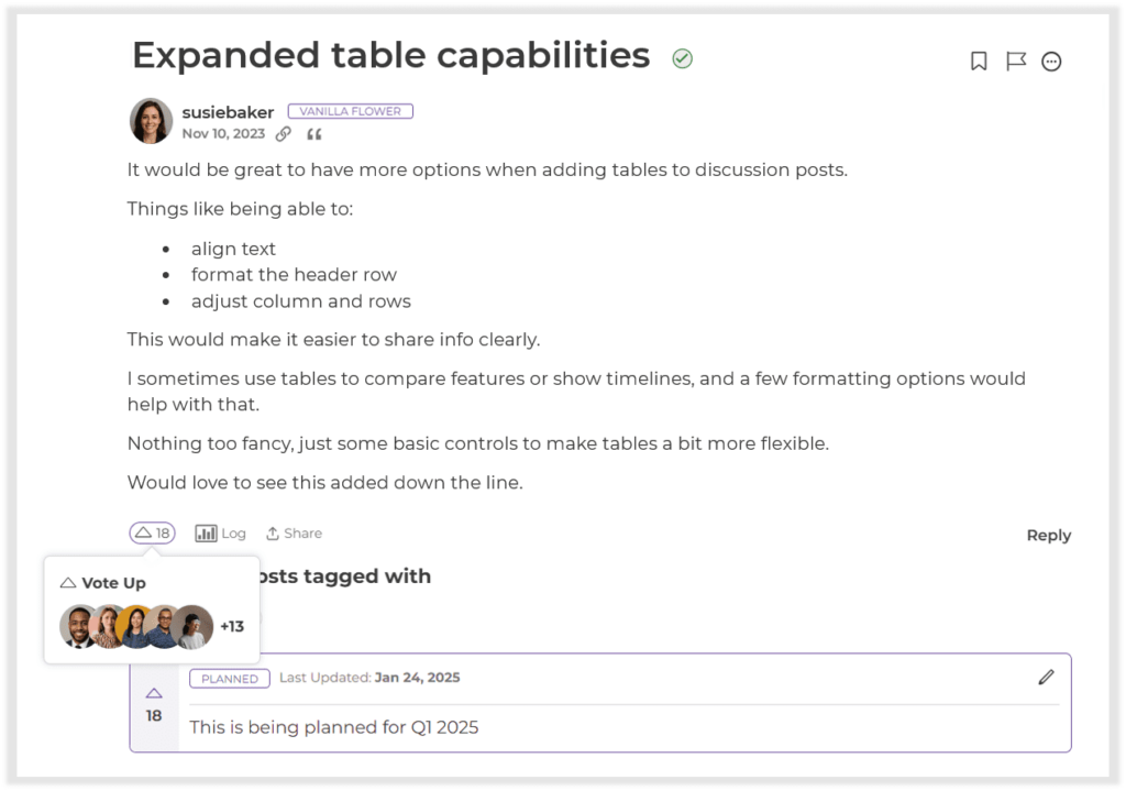 Higher Logic Vanilla community upvote feature for customer product feedback and ideation
